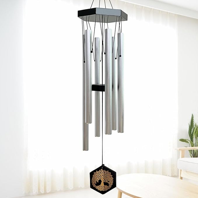 33" Tree of Life Memorial Wind Chimes | Elegant Silver Sympathy Wind Chime for Loss of Loved One, Tranquil Deep-Tone Windchimes, Outdoor Hanging Garden Decor