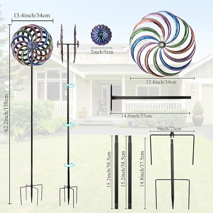 DREAMYSOUL Wind Spinner Outdoor, 13" Dia Rainbow Metal Wind Spinners, Dual Kinetic Wind Spinners for Yard Garden Outside Patio Lawn Decor