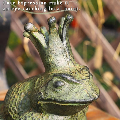 Cast Iron Frog Garden Statue Decor, Frog Pond Sitter Figurine, Frog Sculpture 6.3inches with Crown for Patio, Frog Garden Accent, Cute Outside Ornament, Heavy Duty Weights 4.4lbs