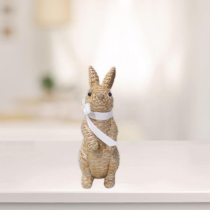 Rattan Rabbit Woven Rabbit Bow Resin Ornaments for Home Courtyard Lawn Tabletop and Easter Decoration to Enhance The Easter Atmosphere Preferred Easter Gifts (8.1in Brown Station)