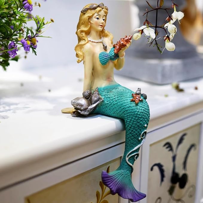 OLizee® Creative Resin Mermaid Garden Figurine Mermaid Figure Decor Garden Mermaid Statue Mermaid Sculpture Decor for Indoor Outdoor Blue