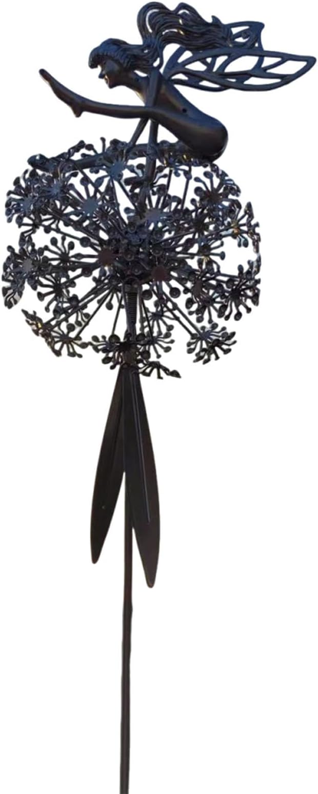 Flower Fairy Dancing with Dandelion, Fairy Garden Sculptures, Angel Metal Ornaments Gardens Art Sculpture, Stainless Steel Statue Garden Ornaments Art Decorations for Outdoor Yard Lawn Patio (D_3D)