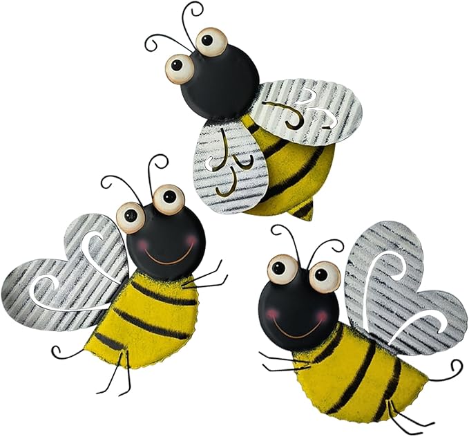 3 Pcs Metal Bee Wall Decor, Cute Insect-Themed Wall Art, Rustic Home & Garden Decor for Living Rooms, Offices, Outdoor Spaces (Bee)