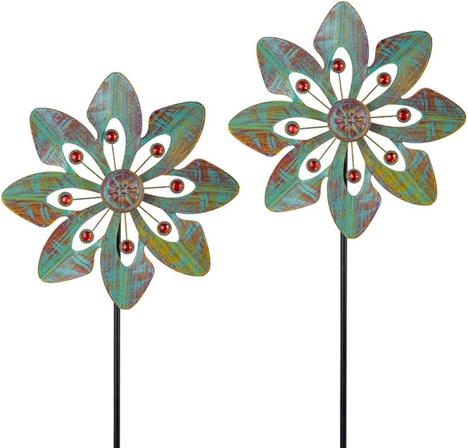 VEWOGARDEN 2 Pack Wind Spinners Outdoor, Metal Wind Spinner with Flower Design for Yard Garden Lawn Decorations, Copper Green