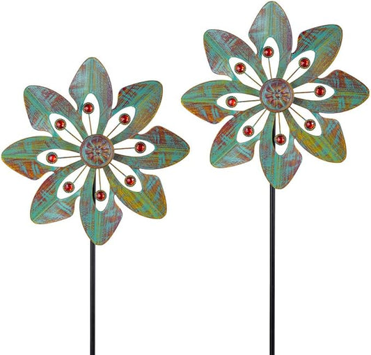 VEWOGARDEN 2 Pack Wind Spinners Outdoor, Metal Wind Spinner with Flower Design for Yard Garden Lawn Decorations, Copper Green