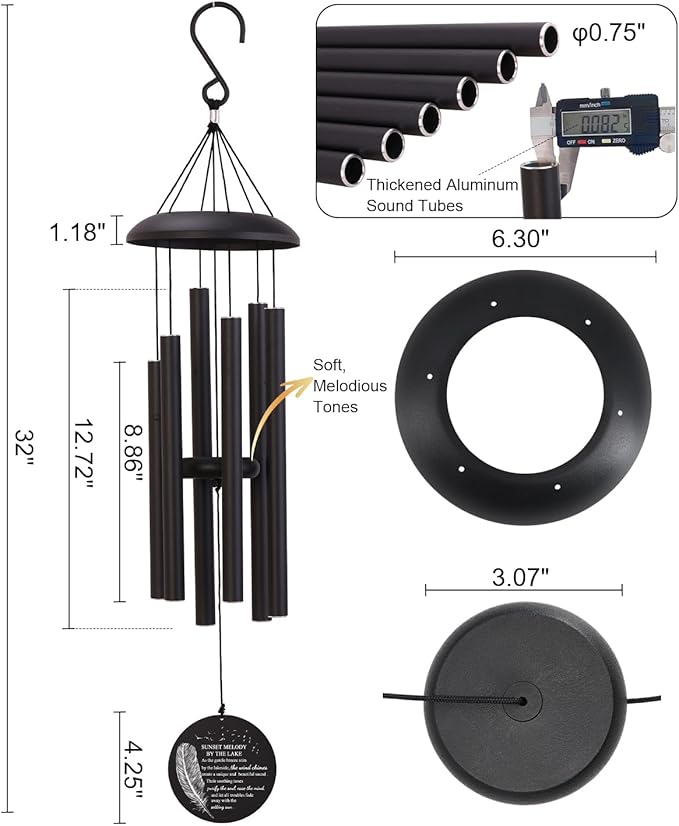32" Deep Tone Wind Chimes for Outside, C Major Tuned Aluminum Wind Chime with Gift Envelope & Box, Memorial Sympathy Wind Chime for Garden Patio Decor, Nature Tree Design, Black