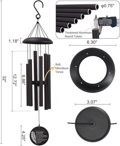 32" Deep Tone Wind Chimes for Outside, C Major Tuned Aluminum Wind Chime with Gift Envelope & Box, Memorial Sympathy Wind Chime for Garden Patio Decor, Nature Tree Design, Black