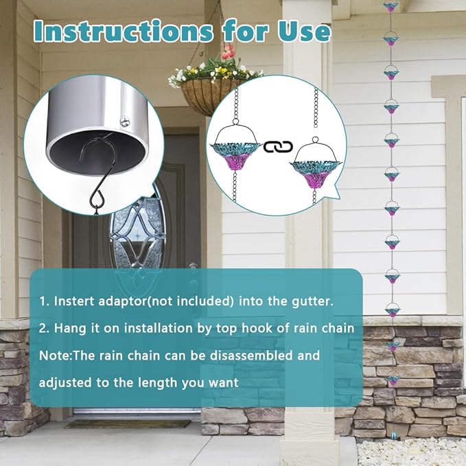 10FT Rain Chains for Outside, Rain Gutter Chain with 12 Flower Cups, Adjustable Rainwater Catcher Chain for Eaves Drainage, Replacement for Downspout