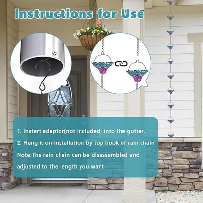 10FT Rain Chains for Outside, Rain Gutter Chain with 12 Flower Cups, Adjustable Rainwater Catcher Chain for Eaves Drainage, Replacement for Downspout
