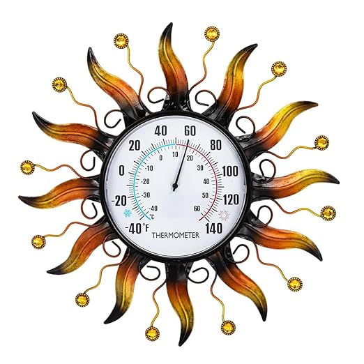 VEWOGARDEN 13.5 Inch Metal Sun Outdoor Thermometer Waterproof Decorative Wall Indoor Outdoor Thermometer for Patio, Garden & Home Decor