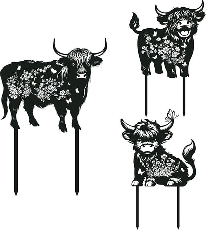 Rngmsi Highland Cow Garden Stakes Decorations 3PCS Cow Metal Silhouette Statues Garden Decor for Lawn Ornaments and Yard Art Supplies, Cow Gifts for Women Men Highland Cow Lovers