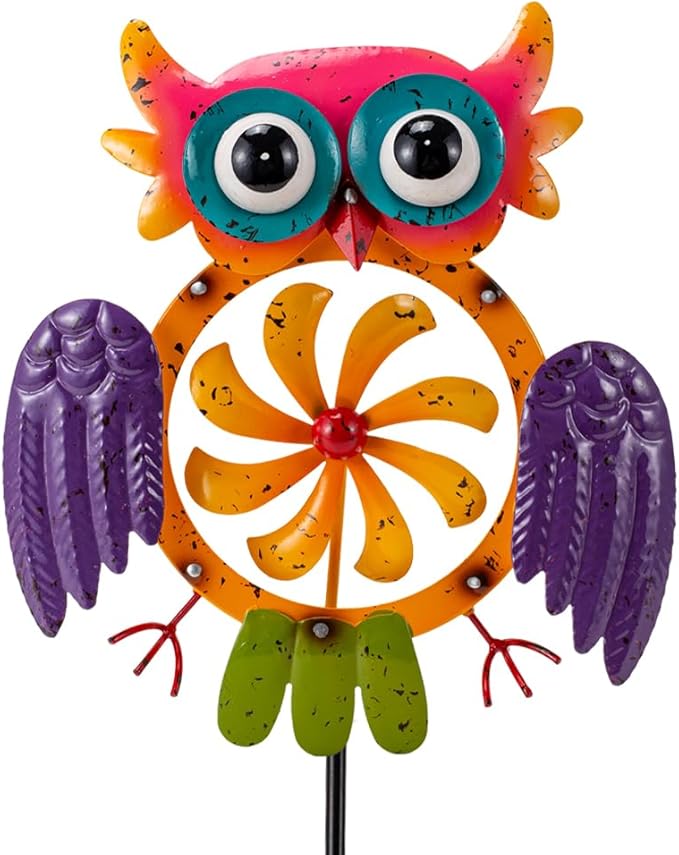 Oak & Lore Colorful Owl Wind Spinners Outdoor Metal Garden Wind Sculptures & Spinners with Stakes for Patio, Lawn, Backyard Outdoor Decor