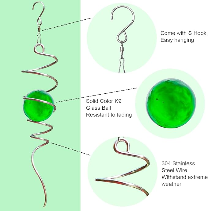 Wind Spinner Tail, Wind Spinners Stabilizer with Green Glass Orb, Gazing Ball Spiral, Sun Catcher Rainbow Maker Hanging Decoration Decor for Yard Garden, Saint Patrick's Day Gift Ideas