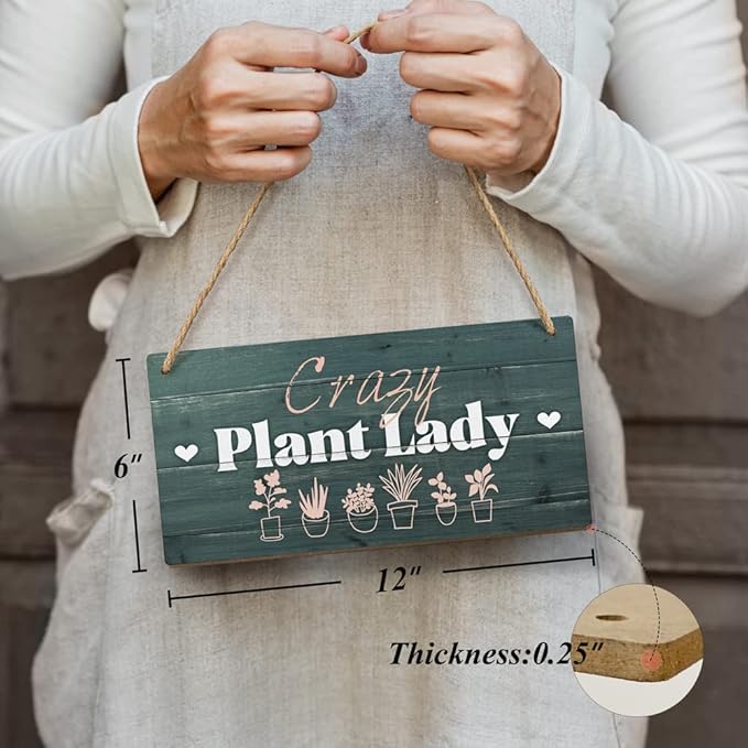 Heuhuww Plant Lover Gifts,Crazy Plant Lady Wood Sign 6x12 Inch Funny Garden Gift,Garden Door Decor,Plant Lady Hanging Gardening Signs for Plant Mom Plant Lovers