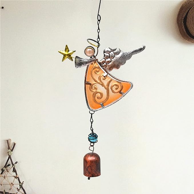 MrMrKura Metal Angel Wind Chime Hanging Decoration Ornament Wing Angel Bell Decorative Hanging Bells, Gifts for Home Garden Decor Crafts (Yellow)