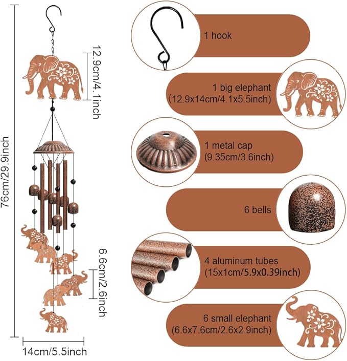 OLYCRAFT Elephant Wind Chimes Animal Theme Iron Bells Memorial Chimes Decorative Metal Bell Creative Hanging Pendants Flower Wind Catcher Dream Catcher for Home Patio Garden Yard Wedding Decor