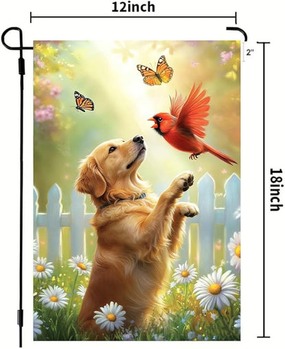 Spring Summer Golden Retriever Garden Flags 12x18 Double Sided, Small Burlap Seasonal Cardinal Floral Dog Garden Flag Spring Summer Outdoor Yard Decorations for Outside Lawn Décor