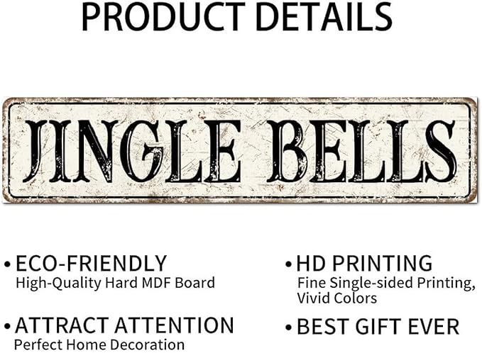 Madcolitote Ancient Retro Jingle Bells Wood Sign Jingle Bells Custom Street Sign Rustic Wooden Wall Art Farmhouse Wall Decor Kitchen Home Decor Signs Wall Hanging Sign Housewarming Gift 4x18in