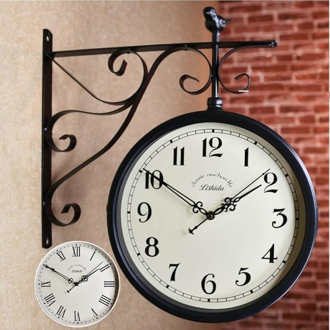 American Iron Vintage Train Station Clock Double Sided Wall Clock, Double Sided Metal Clock, European Antique Silent Double Sided Wall Clock for Patio, Garage, Fence, House, Living Room Art Decoration