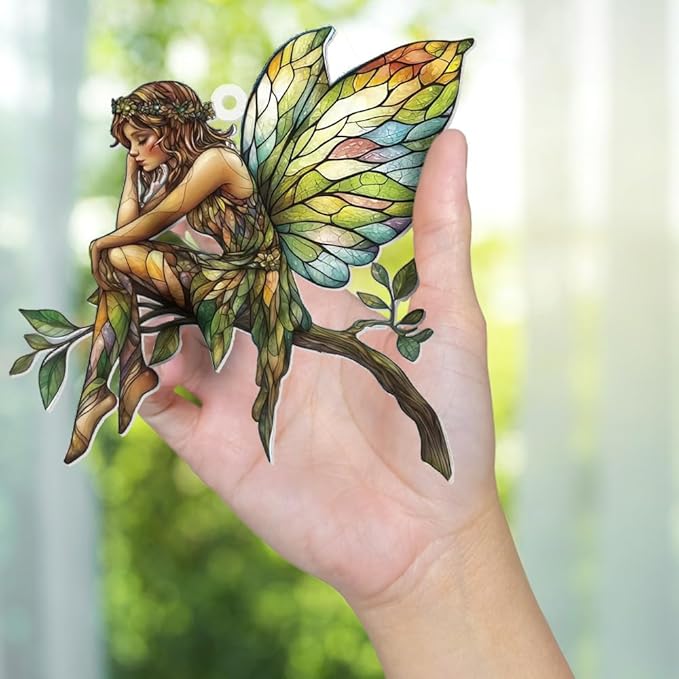 Stained Glass Fairy Ornament – Acrylic Suncatcher Window Hanging, Woodland Fantasy Decor, Christmas Tree Ornament 2026, Car Rearview Mirror Charm, Gift for Fairy Lovers, Women, Girls, Teachers(Sun-10)
