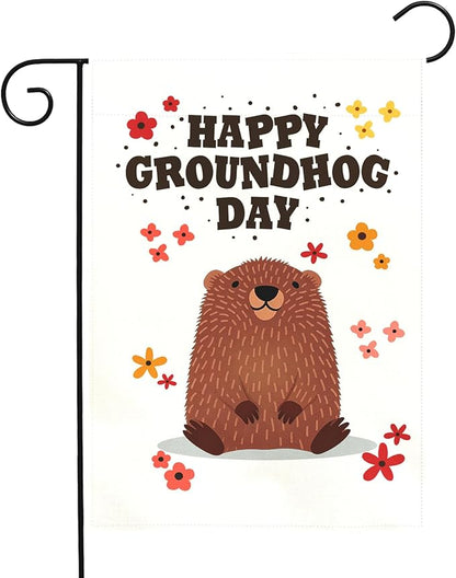 Happy Groundhog Day Garden Flag for Outdoor Spring Yard Flags Cute Groundhog Floral Banner Seasonal Welcome Banners Double Sided Weather Resistant Funny Animal Holiday Decor 12x18 Inch