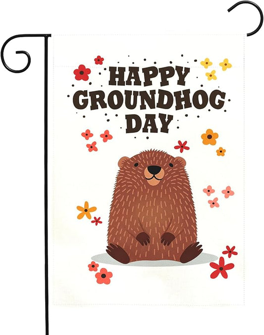 Happy Groundhog Day Garden Flag for Outdoor Spring Yard Flags Cute Groundhog Floral Banner Seasonal Welcome Banners Double Sided Weather Resistant Funny Animal Holiday Decor 12x18 Inch