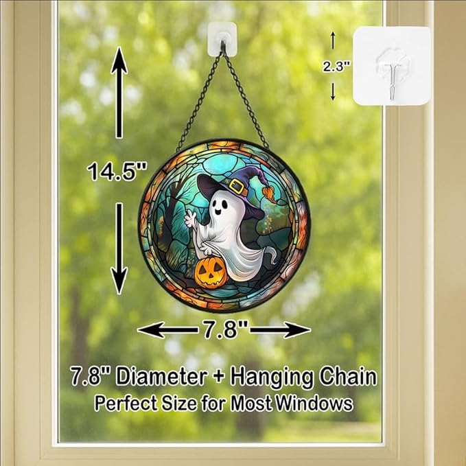 Stained Glass Window Hanging Halloween Ghost with Pumpkin 7.8in Sun Catchers Panel for Indoor Decorative Display for Mom Wife Lovers Festive