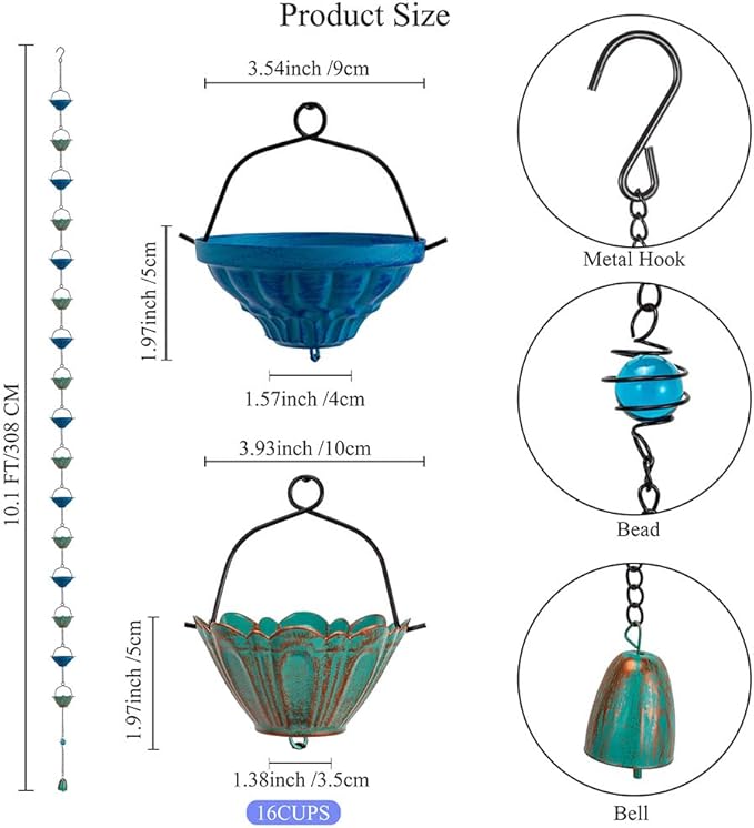 dreamysoul Rain Chains for Outside, 10 FT Lotus Decorative Rain Catcher Chains with 16 Cups, Replacement for Downspout Gutters, Eaves, Drainage