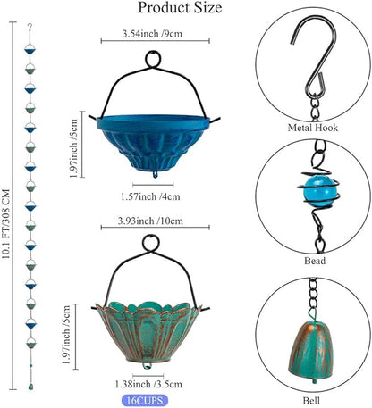 dreamysoul Rain Chains for Outside, 10 FT Lotus Decorative Rain Catcher Chains with 16 Cups, Replacement for Downspout Gutters, Eaves, Drainage