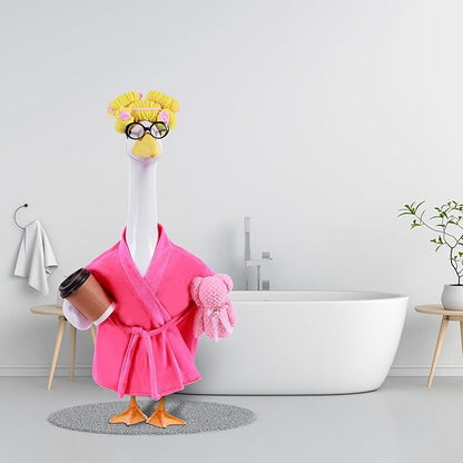 Lady Porch Goose Outfits,Bathrobe Porch Goose Statue Costume with Curlers Reading Glasses Coffee Cup Towel,Cute Goose Clothes for 23-Inch Cement or Plastic Statue,Lawn Yard Garden Patio Decor(Pink)