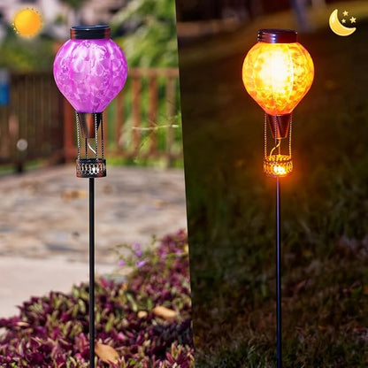 Solar Garden Lights Outdoor with Hot Air Balloon, Stake Garden Lights Solar Waterproof Flickering Lantern Lawn Pathway Patio Decor(Purple)