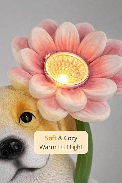 GoGnome Solar Dog Garden Statue with LED Flower – Hand-Painted Resin Puppy Figurine, Solar Powered Outdoor Garden Decor, Auto On/Off Yard Light Gift (Puppy)