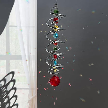 FONMY Gazing Ball Spiral Tail -Decorative Wind Spinner Sun Catcher Rainbow Maker Double-Spiral W/Red Crystal Ball and Chain Crystals for Indoor Outdoor Garden Decoration -14 inch Height