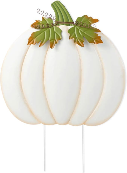 Glitzhome Oversized Ivory Pumpkin Yard Stake,39.5"H Metal Fall Pumpkins Garden Stake, Garden Standing Stakes or Hanging Pumpkin Signs for Autumn Harvest Thanksgiving Halloween Fall Outdoor Decorations