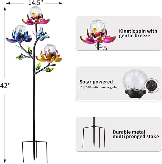 Solar Lights Outdoor Decorative Lotus Flowers Wind Spinner Garden Stake with LED Crackle Balls Solar Wind Sculpture Yard Art Decor for Patio, Lawn & Garden