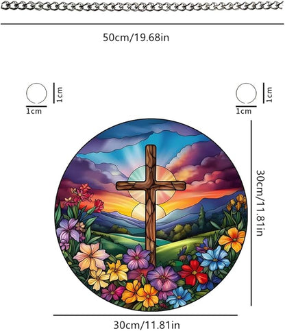 Cross Flowers Stained Window Hangings with Chain – Acrylic Cross Flowers Ornament for Garden, Patio and Indoor Decor, Housewarming Gift for Mom, Grandma