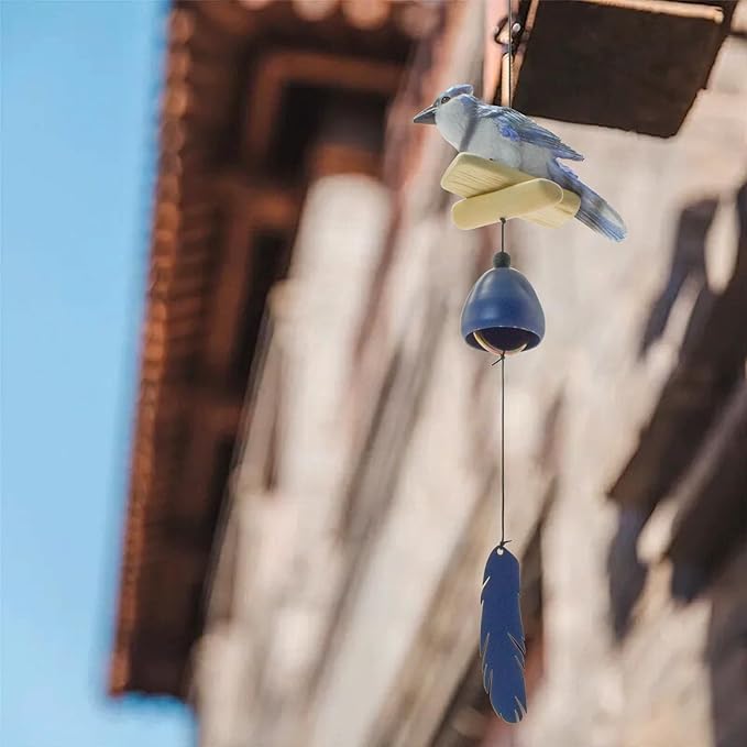 MrMrKura Bird Wind Chimes, Metal Wind Bell Pendent for Outside Hanging Wind Chime with Feather Ornament for Bless Garden Backyard Home Decor (Blue)