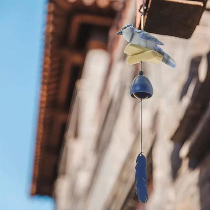 MrMrKura Bird Wind Chimes, Metal Wind Bell Pendent for Outside Hanging Wind Chime with Feather Ornament for Bless Garden Backyard Home Decor (Blue)