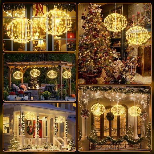 Christmas Ball Lights Outdoor - 2pcs Mix Size Sphere Hanging Globes Warm White