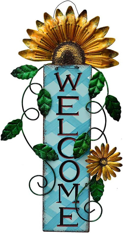 Attraction Design Welcome Sign for Front Door Decor Hanging Sign, Metal Flower Welcome Door Sign Wall Art Decor Hanging for Indoor Outdoor Patio Garden Yard Sign Porch Decoration 15.25X8.5In (B)