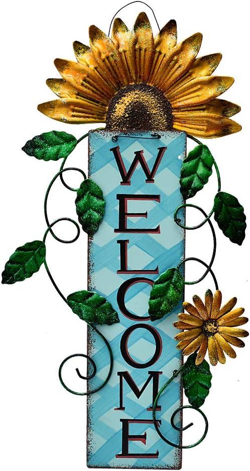 Metal Welcome Sign Hanging Flower Signs Wreath Decor - Rustic Decorative Door Hanger Indoor Outdoor Spring Decoration for Front Door Porch Wall (Yellow)