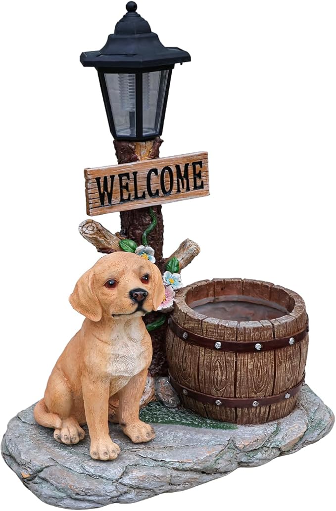 Solar Light Animal Outdoor Statue Planter with Welcome Sign, Resin Garden Sculpture Flower Pot for Patio Lawn Porch Yard Courtyard Decor, Weather-Resistant Decorative Figurine Accent (B)