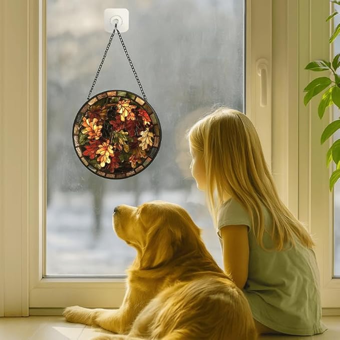 Oak Leaves Stained Glass Window Hanging Panel – Autumn Fall Theme Suncatcher Wall Art for Home Window Decor and Gift