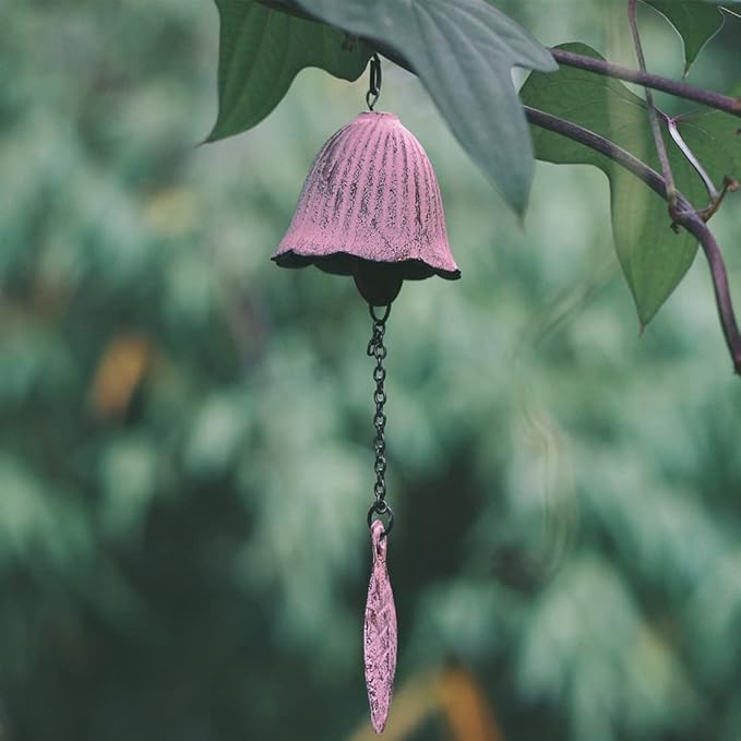 Japanese Traditional Lucky Small Wind Chimes for Outside, Iwachu Cast Iron Bless Temple Wind Bell Memorial and Sympathy Leaf Wind Chimes Indoor Garden Bell, Patio, Balcony (Pink Leaf)