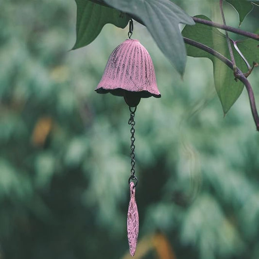 Japanese Traditional Lucky Small Wind Chimes for Outside, Iwachu Cast Iron Bless Temple Wind Bell Memorial and Sympathy Leaf Wind Chimes Indoor Garden Bell, Patio, Balcony (Pink Leaf)