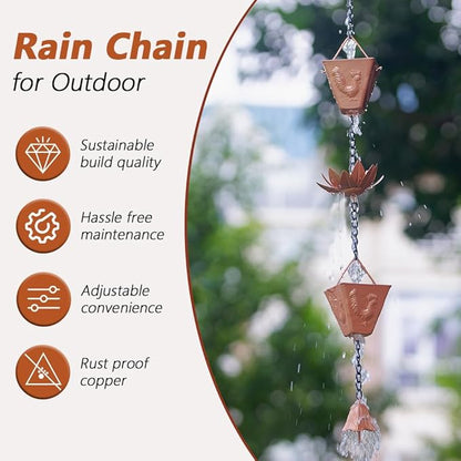 9.84ft Rain Chain with 16 Cups, Metal Rain Chain for Gutters with Bell, Adjustable Rain Catcher Chain Decor for Eaves, Drainage, Replacement for Downspout