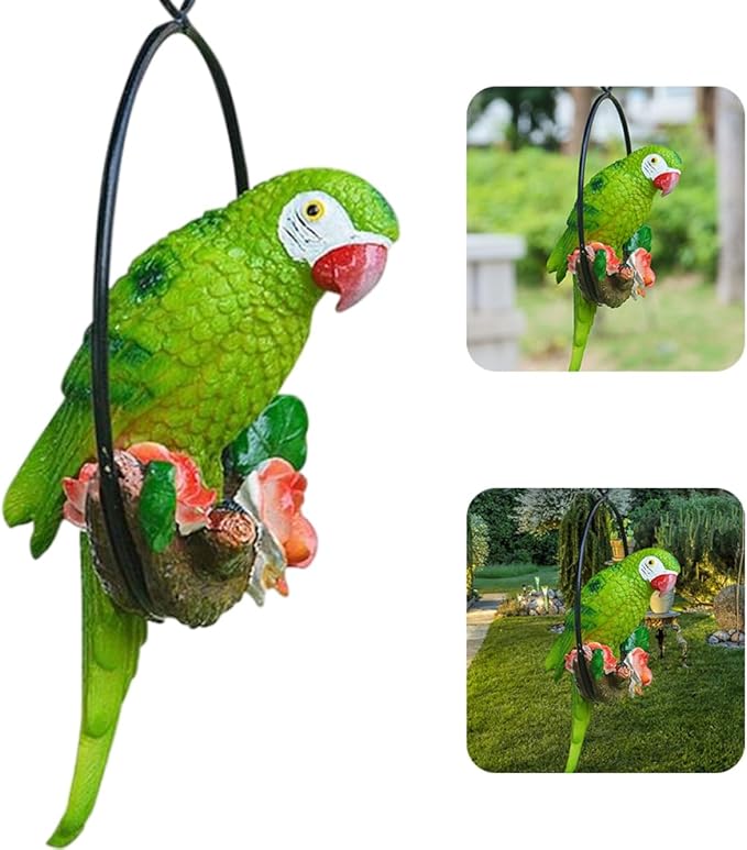 Hanging Parrot Garden Decor Resin Parrot Statue Outdoor Decor Parrot on Perch Garden Sculpture Parrot Statue Garden Sculptures for Outdoor Garden Decorations Vivid Arts Garden Ornaments Green