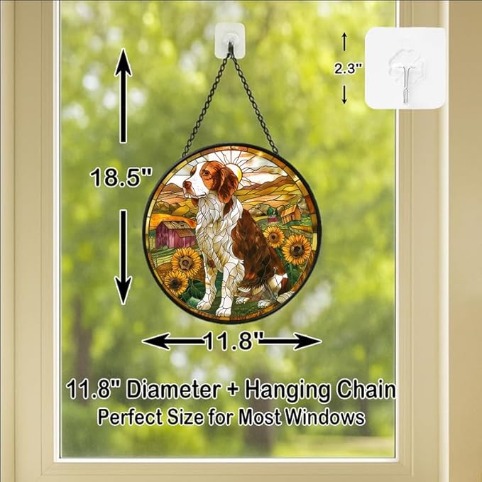 Stained Glass Window Hanging - Farm Dog & Sunflower Field 11.8in Sun Catchers Indoor Stained Glass Panels Wall Decor for Mom Wife Lovers Festive