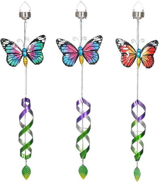 Asense 3 Pcs Hanging Butterfly Wind Spinners with Light Home Garden Decor, Patio Yard Backyard Outdoor Art Outside Decorations Metal Wind Chimes Gifts for Lawn Hanging Pinwheels Crafts Ornaments