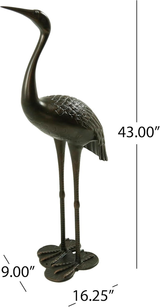 Metal Crane Garden Statue, Sunny Outdoor Aluminum Crane, Rust-Proof Metal Yard Art Bird Statue for Garden Lawn Patio, No Assembly Required, Shiny Copper Finish, Antique Bronze